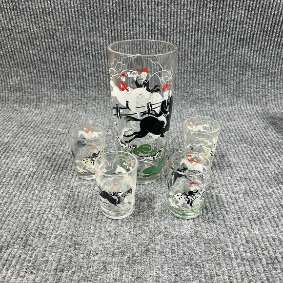 VTG‎ HAZEL ATLAS Glass Fox Hunt Tally Ho Cocktail Martini Shaker & Shot Glasses - Picture 1 of 11